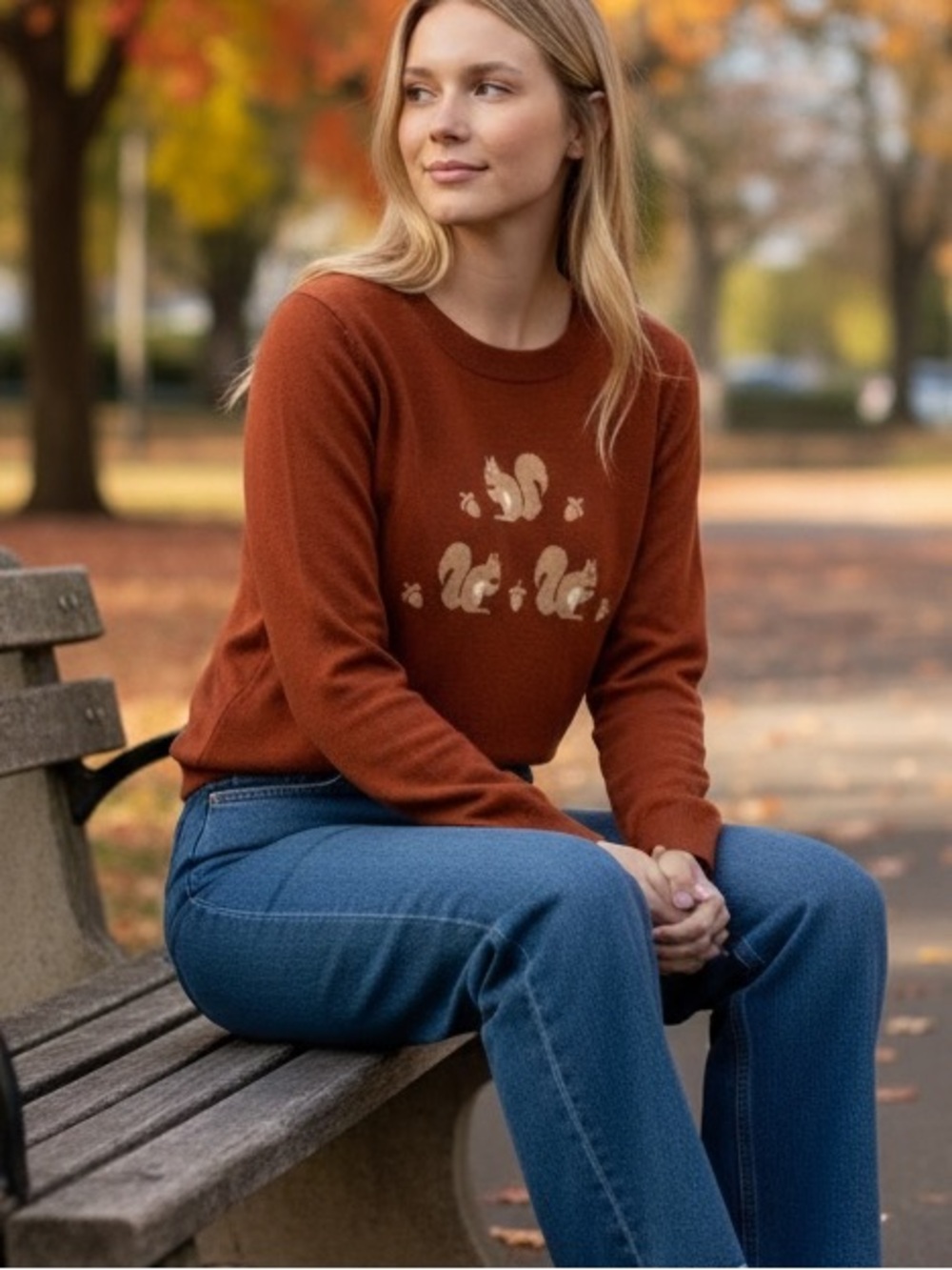 LOFT PERFECT FALL SWEATER Rust Crewneck Sweater Squirrels Motif Large NWT NATURE - Picture 2 of 16
